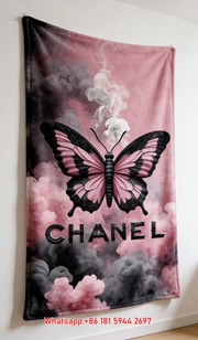 Pink & Black Butterfly Chanel Flannel Fleece Throw Blanket IMG_7231